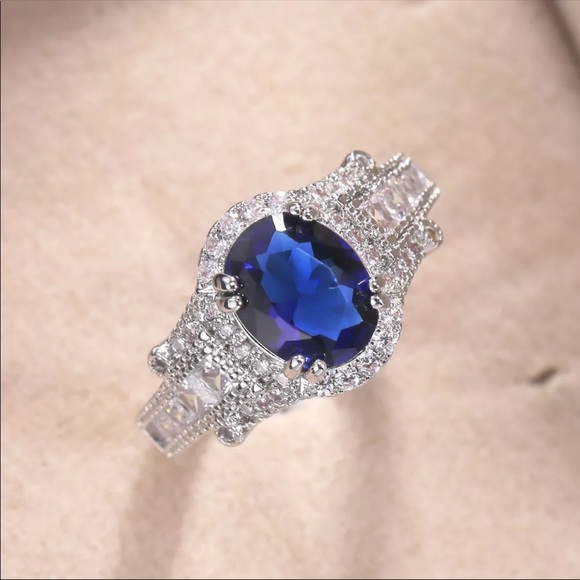 *NEW*925 Silver Sapphire Engagement Women’s Ring - Picture 5 of 6